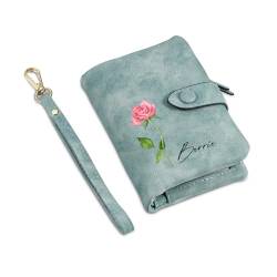 Wamantic Personalisierte Geldbörse Damen: Individuelle Geburtsblume Brieftasche mit Namen Portemonnaie aus PU-Leder mit 16 Kartenfächern und Reißverschluss Kette und Lanyard(Grün) von Wamantic
