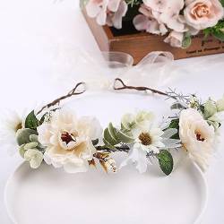 Blumenkranz Haare Haarkranz Blumen Haarreif, Blumenmädchen Stirnbänder Kopfschmuck Floral Girlande Blumenstirnband Verstellbarer Gürtel für Hochzeit Zeremonie Party Festival,Beige von Wambere