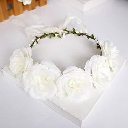 Blumenkranz Haare Haarkranz Blumen Haarreif, Blumenmädchen Stirnbänder Kopfschmuck Floral Girlande Blumenstirnband Verstellbarer Gürtel für Hochzeit Zeremonie Party Festival,Weiß E von Wambere