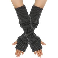 Wambere Damen Mädche Winter Fingerlose Armstulpen Langarm Fäustlinge Handschuhe Feinstrick lang Handwärmer Stulpen,Warm Strick Handschuhe Pluswärmer Strickhandschuhe,Dunkelgrau von Wambere