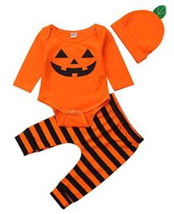 Wamvp Neugeboren Kinder Halloween kostüm Kind kinderkostüme Niedlich Kürbis Drucken Baby Mädchen Jungs Spielanzug Langarm Brief Strampler Bodysuit Tops Hosen Hut Outfits Kleider Set für 0-18 Monaten von Wamvp