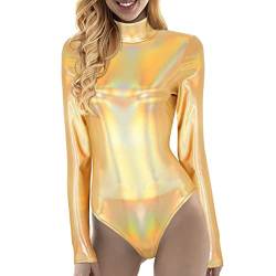 Damen Metallic Langarm Ballett Tanz Trikot Leotard Glänzende Ballettanzug Ballettbody Tanzbody Lack Bodysuit Wetlook Body Sport Gymnastik Turnanzug Top Kostüm (Gold, S) von WanWorlder