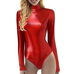 Damen Metallic Langarm Ballett Tanz Trikot Leotard Glänzende Ballettanzug Ballettbody Tanzbody Lack Bodysuit Wetlook Body Sport Gymnastik Turnanzug Top Kostüm (Red, XXL) von WanWorlder