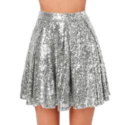 Damen Metallischer Faltenrock MiniSkater Rock Minirock kurz Mini Rock Faltenrock Tanz Rock Faltenrock Retro Stretch Skater Röcke Hohe Taille Metallischer Mini Glocken Rock (QQB-Silver, XXL) von WanWorlder