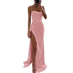 Damen Pailletten Abendkleid Sexy Schulterfrei Hohe Taille Seitenschlitz Lang Kleid Maxikleid Elegant V-Ausschnitt Cocktailkleid Ballkleider Einfarbiges ärmellos Rückenfrei Partykleid (A-Pink, S) von WanWorlder