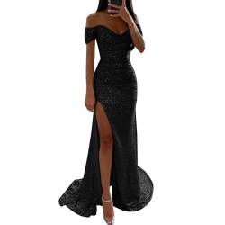 Damen Pailletten Abendkleid Sexy Schulterfrei Hohe Taille Seitenschlitz Lang Kleid Maxikleid Elegant V-Ausschnitt Cocktailkleid Ballkleider Einfarbiges ärmellos Rückenfrei Partykleid (C-Black, S) von WanWorlder