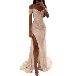 Damen Pailletten Abendkleid Sexy Schulterfrei Hohe Taille Seitenschlitz Lang Kleid Maxikleid Elegant V-Ausschnitt Cocktailkleid Ballkleider Einfarbiges ärmellos Rückenfrei Partykleid (C-Rose Gold, L) von WanWorlder