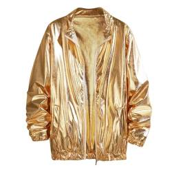 Herren Frühling Herbst dünne Sonnenschutzjacke Jacke helle Bühne Kostüm Jugend lose Top Metallic Nachtclub Reißverschluss Baseball BomberJacke Damen Langarm Metallic Jacke Party (Gold-A, L) von WanWorlder