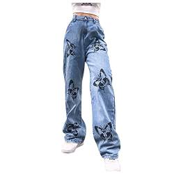 WanWorlder Damen Baggy Jeans Y2K Style Jeanshose mit Hoher Taille, Gerade Weitem Bein, Mode Loose Flare Bleistift-Jeanshose Schlagjeans, Freizeithose Boyfriend Jeans, Z5-blau, S von WanWorlder