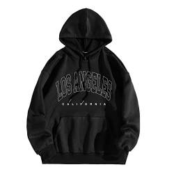 WanWorlder Damen Herren Hoodie Pullover mit Kapuze Kapuzenpullover für Männer Herren Los Angel Männer Brief Grafik Kapuzendruck Rundhals Langarm Sweatshirt Tops (a-Black, M) von WanWorlder