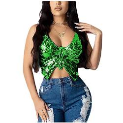 WanWorlder Damen Shimmer Pailletten Crop Top Bauchtanz Kostüm BH Pailletten Bustier Oberteil Tanz Top Schmetterling Shirt Rückenfrei Frauen Indische Griechisches Musikinstrument (Grün, Freesize) von WanWorlder