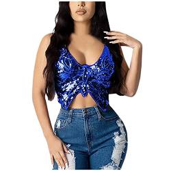 WanWorlder Pailletten Schmetterling Crop Tops Bauchtanz Kostüm Festival Club Sexy Tank Neckholder Bandage Tops (Blau, Freesize) von WanWorlder