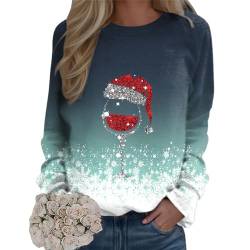 Weihnachtspullover Damen Sweatshirt Rundhals Langarm Rentier Weinglas Weihnachtsmann Druck Langarmshirt Teenager Mädchen Christmas Sweatshirt Weihnachtspulli Oberteile Tops (HA-Mint Green, XXL) von WanWorlder