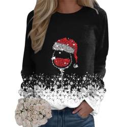 Weihnachtspullover Damen Sweatshirt Rundhals Langarm Rentier Weinglas Weihnachtsmann Druck Langarmshirt Teenager Mädchen Christmas Sweatshirt Weihnachtspulli Oberteile Tops Pullover (HA-Black, S) von WanWorlder