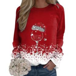 Weihnachtspullover Damen Sweatshirt Rundhals Langarm Rentier Weinglas Weihnachtsmann Druck Langarmshirt Teenager Mädchen Christmas Sweatshirt Weihnachtspulli Oberteile Tops Pullover (HA-Red, XXXL) von WanWorlder