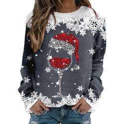 Weihnachtspullover Damen Sweatshirt Rundhals Langarm Rentier Weinglas Weihnachtsmann Druck Langarmshirt Teenager Mädchen Christmas Sweatshirt Weihnachtspulli Oberteile Tops Pullover (d-Dark Gray, L) von WanWorlder