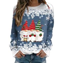 Weihnachtspullover Damen Sweatshirt Rundhals Langarm Rentier Weinglas Weihnachtsmann Druck Langarmshirt Teenager Mädchen Christmas Sweatshirt Weihnachtspulli Oberteile Tops Pullover Shirt (GA-Blue, M) von WanWorlder