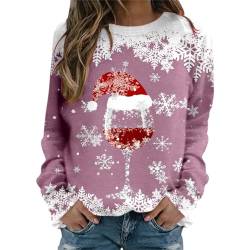 Weihnachtspullover Damen Sweatshirt Rundhals Langarm Rentier Weinglas Weihnachtsmann Druck Langarmshirt Teenager Mädchen Christmas Sweatshirt Weihnachtspulli Oberteile Tops Pullover Shirt (a-Pink, S) von WanWorlder