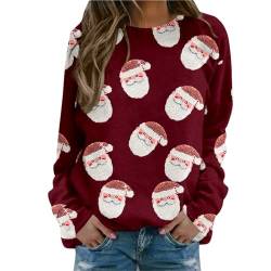 Weihnachtspullover Damen Sweatshirt Rundhals Langarm Rentier Weinglas Weihnachtsmann Druck Langarmshirt Teenager Mädchen Christmas Sweatshirt Weihnachtspulli Oberteile Tops Pullover Shirt (c-Wine, L) von WanWorlder