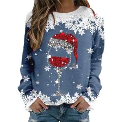 Weihnachtspullover Damen Sweatshirt Rundhals Langarm Rentier Weinglas Weihnachtsmann Druck Langarmshirt Teenager Mädchen Christmas Sweatshirt Weihnachtspulli Oberteile Tops Pullover Shirt (d-Blue, S) von WanWorlder