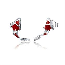 Wanfor Ohrringe, Koi rote Ohrstecker, 925 Sterlingsilber, Fisch-Ohrstecker, Schmuck, Geschenk für Mädchen von Wanfor