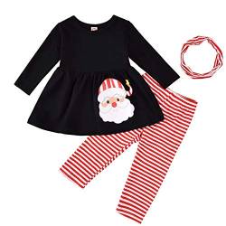 3-teiliges Weihnachts-Outfit für Mädchen mit Weihnachtsmann-Tunika, T-Shirt-Kleid + gestreifte Leggings + Hose + Stirnband Gr. 92, Schwarz von WangsCanis