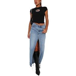 Damen Jeansröcke Hohe Taille Schlitz Vorne A-Linie Maxi Gothic Rock Lange Jeansröcke mit Taschen (Blau, L) von WangsCanis