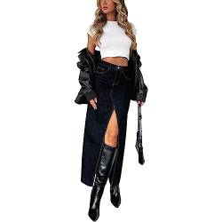 Damen Jeansröcke Hohe Taille Schlitz Vorne A-Linie Maxi Gothic Rock Lange Jeansröcke mit Taschen (Dunkelblau, S) von WangsCanis