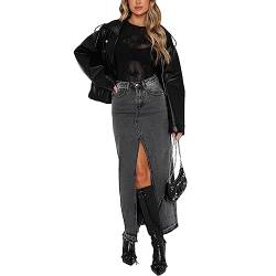 Damen Jeansröcke Hohe Taille Schlitz Vorne A-Linie Maxi Gothic Rock Lange Jeansröcke mit Taschen (Grauschwarz, M) von WangsCanis