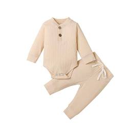 Neugeborene Unisex 2 Stück Baby Kleidung Junge Mädchen Solid Button Bodysuit Strampler Langarm Tops Kordelzug Hosen Strick Outfit (Aprikose, 3-6 Monate) von WangsCanis