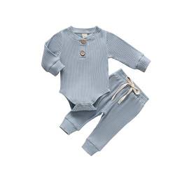 Neugeborene Unisex 2 Stück Baby Kleidung Junge Mädchen Solid Button Bodysuit Strampler Langarm Tops Kordelzug Hosen Strick Outfit (Blau-A,0-3 Monate) von WangsCanis