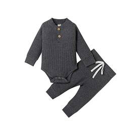 Neugeborene Unisex 2 Stück Baby Kleidung Junge Mädchen Solid Button Bodysuit Strampler Langarm Tops Kordelzug Hosen Strick Outfit (Dunkelgrau, 0-3 Monate) von WangsCanis