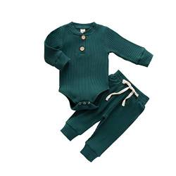 Neugeborene Unisex 2 Stück Baby Kleidung Junge Mädchen Solid Button Bodysuit Strampler Langarm Tops Kordelzug Hosen Strick Outfit (Grün-A,0-3 Monate) von WangsCanis