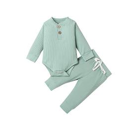 Neugeborene Unisex 2 Stück Baby Kleidung Junge Mädchen Solid Button Bodysuit Strampler Langarm Tops Kordelzug Hosen Strick Outfit (Hellgrün, 0-3 Monate) von WangsCanis