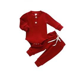 Neugeborene Unisex 2 Stück Baby Kleidung Junge Mädchen Solid Button Bodysuit Strampler Langarm Tops Kordelzug Hosen Strick Outfit (Rotwein,0-3 Monate) von WangsCanis