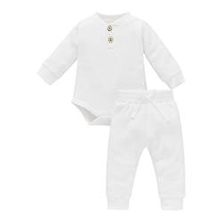 Neugeborene Unisex 2 Stück Baby Kleidung Junge Mädchen Solid Button Bodysuit Strampler Langarm Tops Kordelzug Hosen Strick Outfit von WangsCanis