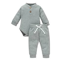 Neugeborene Unisex 2 Stück Baby Kleidung Junge Mädchen Solid Button Bodysuit Strampler Langarm Tops Kordelzug Hosen Strick Outfit von WangsCanis