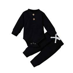 Neugeborene Unisex 2 Stück Baby Kleidung Junge Mädchen Solid Button Bodysuit Strampler Langarm Tops Kordelzug Hosen Strick Outfit von WangsCanis