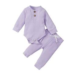 Neugeborene Unisex 2 Stück Baby Kleidung Junge Mädchen Solid Button Bodysuit Strampler Langarm Tops Kordelzug Hosen Strick Outfit von WangsCanis