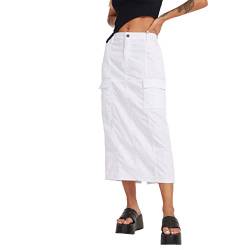 Rock Damen Cargo Skirt Höhe Taille Rockabilly Vintage Freizeitrock Gothic Kleidung Y2K Langer Röcke mit Taschen (Weiß, L) von WangsCanis