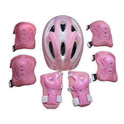 WangsCanis 7 STÜCKE Kinder Sport Helm Schutzausrüstung Set, Schutzhelm Knie Ellenbogenschützer Handgelenkschutz für Fahrrad Skateboard Roller Skating (Rosa-A, 4-12 Jahre) von WangsCanis