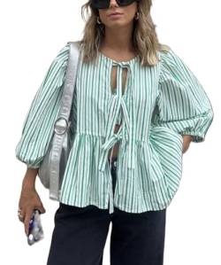 WangsCanis Damen Mode Oberteil mit Schößchen Vorne zum Binden Y2K Hemd Puffärmel Schnürung Schleife Rüschensaum Babydoll Krawatte Blusen (Grün Gestreift, L) von WangsCanis