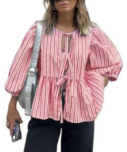 WangsCanis Damen Mode Oberteil mit Schößchen Vorne zum Binden Y2K Hemd Puffärmel Schnürung Schleife Rüschensaum Babydoll Krawatte Blusen (Rot Gestreift, L) von WangsCanis