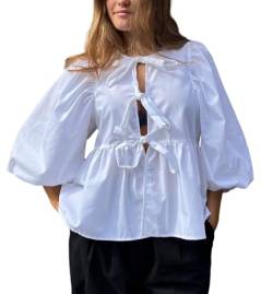 WangsCanis Damen Mode Oberteil mit Schößchen Vorne zum Binden Y2K Hemd Puffärmel Schnürung Schleife Rüschensaum Babydoll Krawatte Blusen (Weiß, S) von WangsCanis
