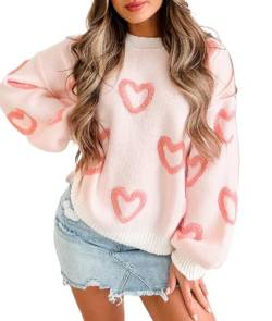 WangsCanis Damen Mode Pullover mit Herz Aufdruck Romantisch Übergroßer Pullover Top Liebe Herz Langarm Valentinstag Pullover Strickkleidung (1 Coral Red, L) von WangsCanis