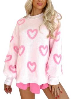 WangsCanis Damen Mode Pullover mit Herz Aufdruck Romantisch Übergroßer Pullover Top Liebe Herz Langarm Valentinstag Pullover Strickkleidung (1 Cute Pink, L) von WangsCanis