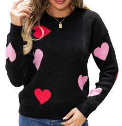 WangsCanis Damen Mode Pullover mit Herz Aufdruck Romantisch Übergroßer Pullover Top Liebe Herz Langarm Valentinstag Pullover Strickkleidung (2 Pink Red Black, M) von WangsCanis