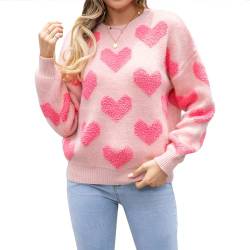 WangsCanis Damen Mode Pullover mit Herz Aufdruck Romantisch Übergroßer Pullover Top Liebe Herz Langarm Valentinstag Pullover Strickkleidung (2 Pink and Pink, M) von WangsCanis