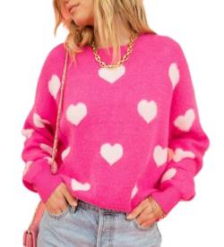 WangsCanis Damen Mode Pullover mit Herz Aufdruck Romantisch Übergroßer Pullover Top Liebe Herz Langarm Valentinstag Pullover Strickkleidung (2 Rose Red, M) von WangsCanis