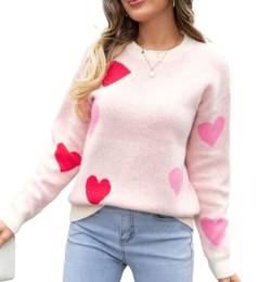WangsCanis Damen Mode Pullover mit Herz Aufdruck Romantisch Übergroßer Pullover Top Liebe Herz Langarm Valentinstag Pullover Strickkleidung (3 Pink Red White, L) von WangsCanis
